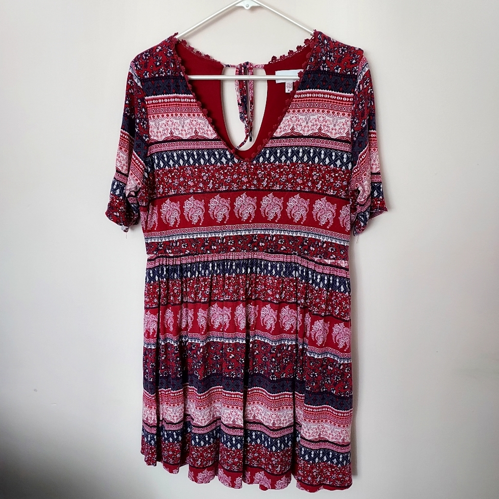 Bongo Rayon Mixed Print Lined V-neck dress XL Festival Hippie Boho Beach Comfy